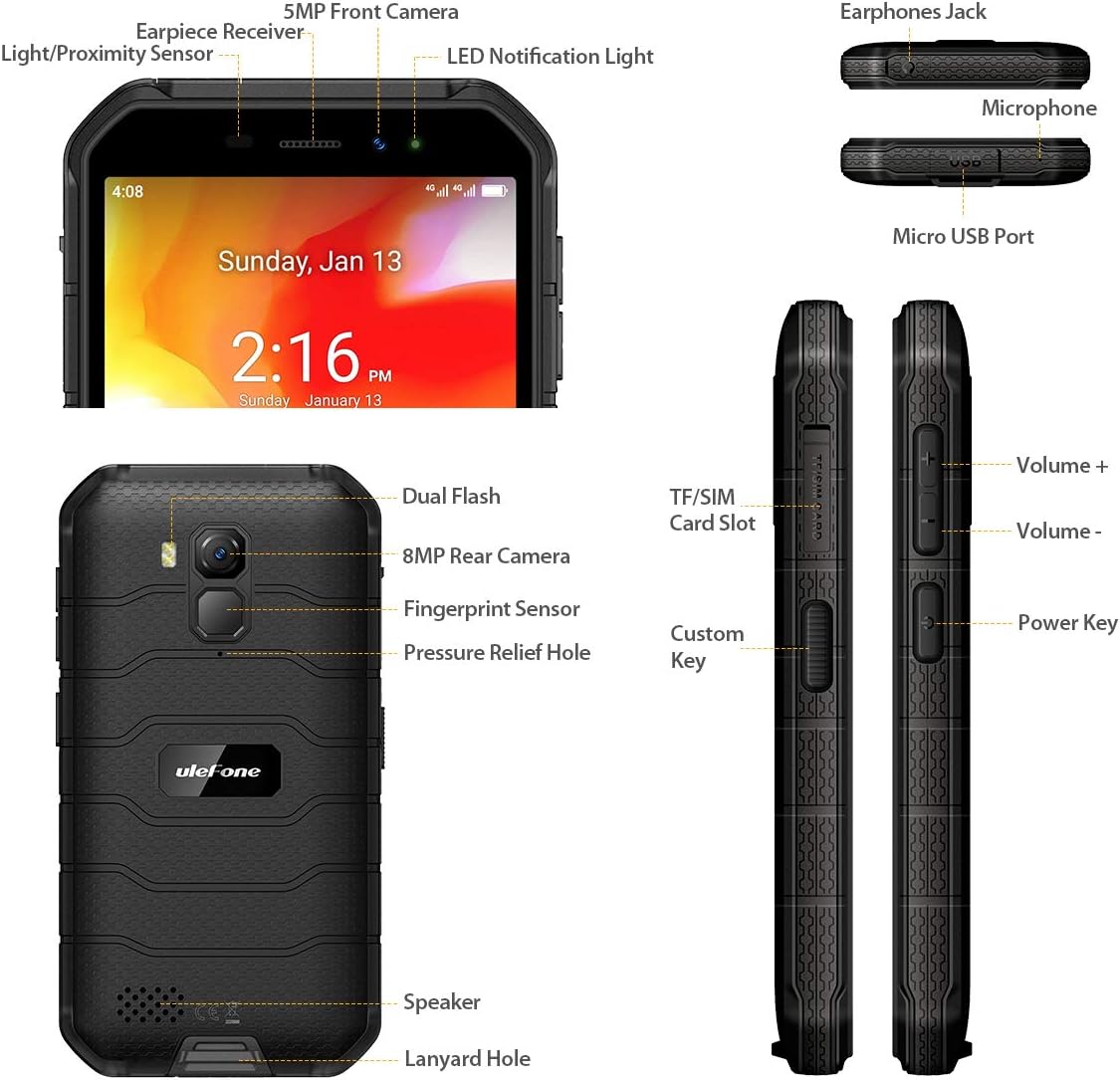 Ulefone 4G Rugged Phones, Armor X7 Pro Android 12 Dual SIM, Rugged Smartphone Unlocked, IP68/69K Waterproof Smartphone, 13MP + 5MP Camera, 4GB + 32GB, NFC, OTG, Face Unlock, Finger Reader - Black