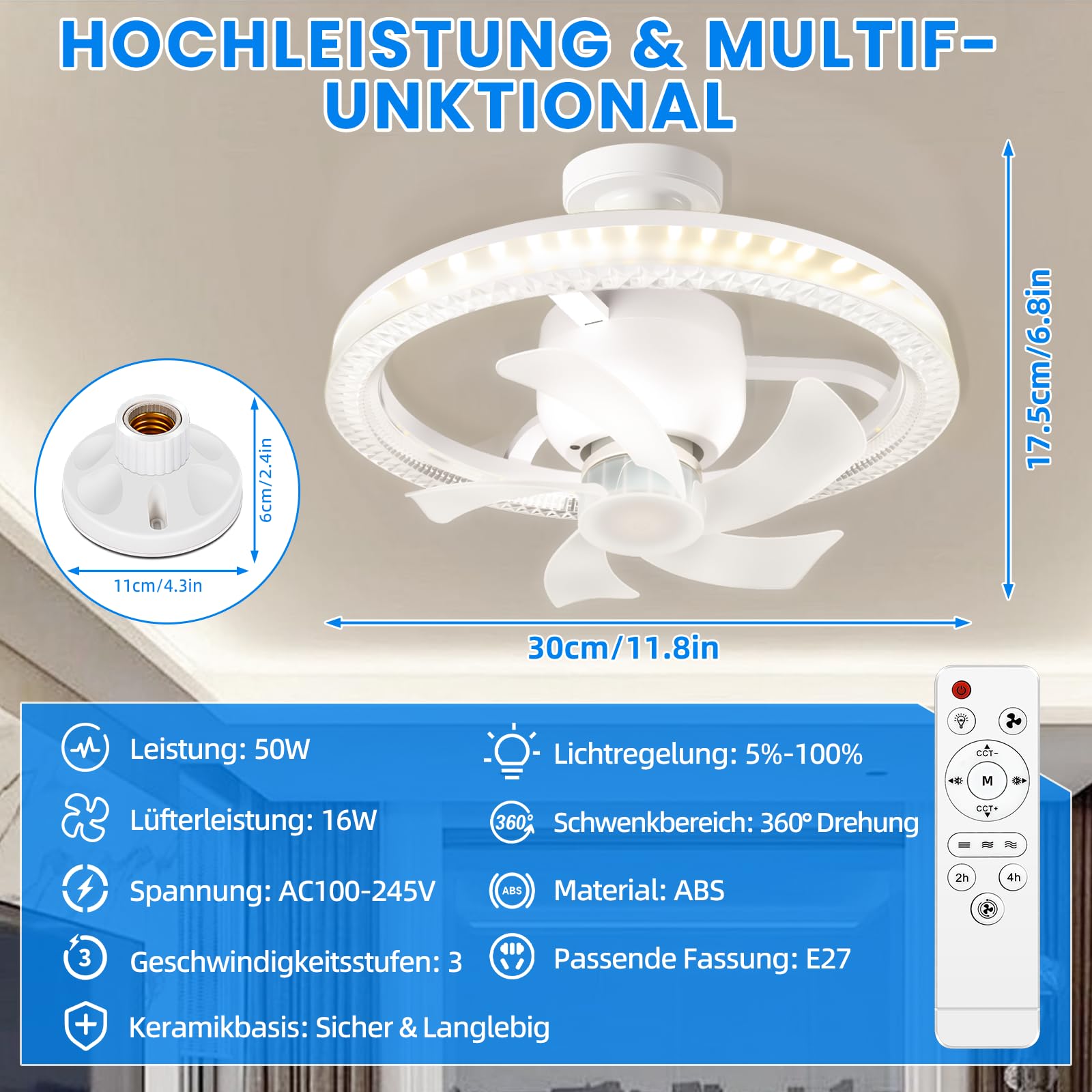 YOOHBERRYS Deckenventilator mit Beleuchtung, Deckenventilator Klein mit Lampenfassung E27, Lampe mit Ventilator, Ventilator mit Dimmbar, 360° Rotation, Timer und 3 Windstufe (30cm*17.5cm)