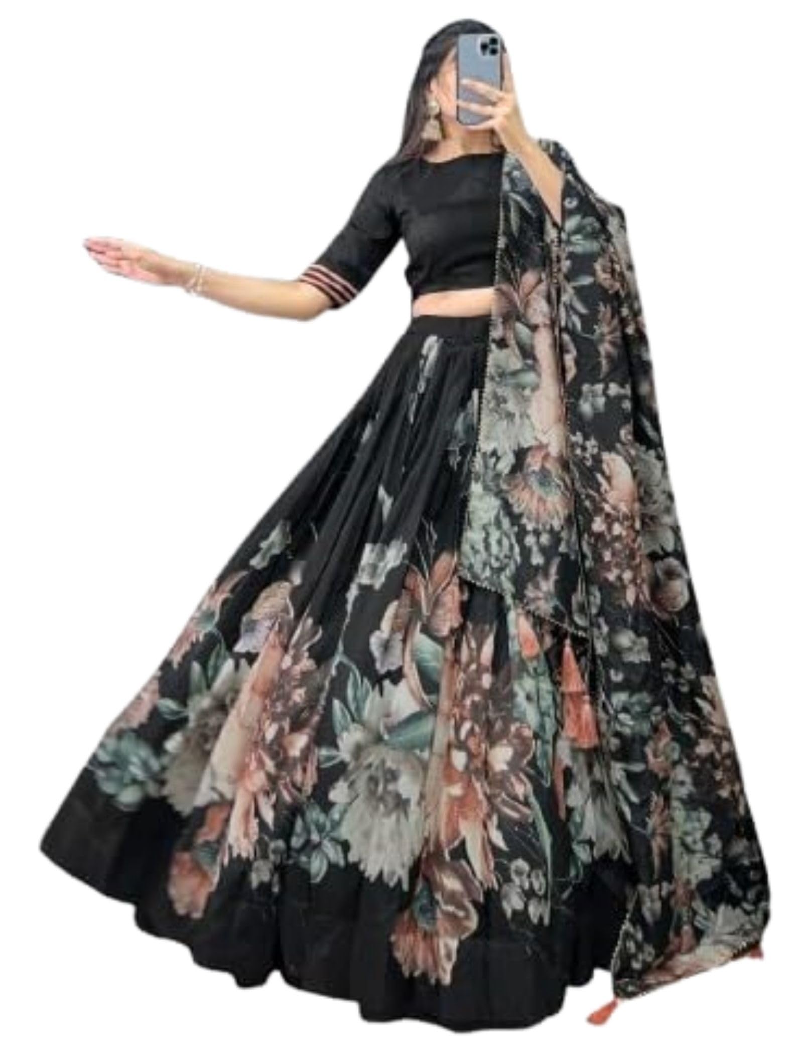 Women's Floral Print Lehenga Choli Set with Dupatta, Festive & Wedding Outfit-image-11