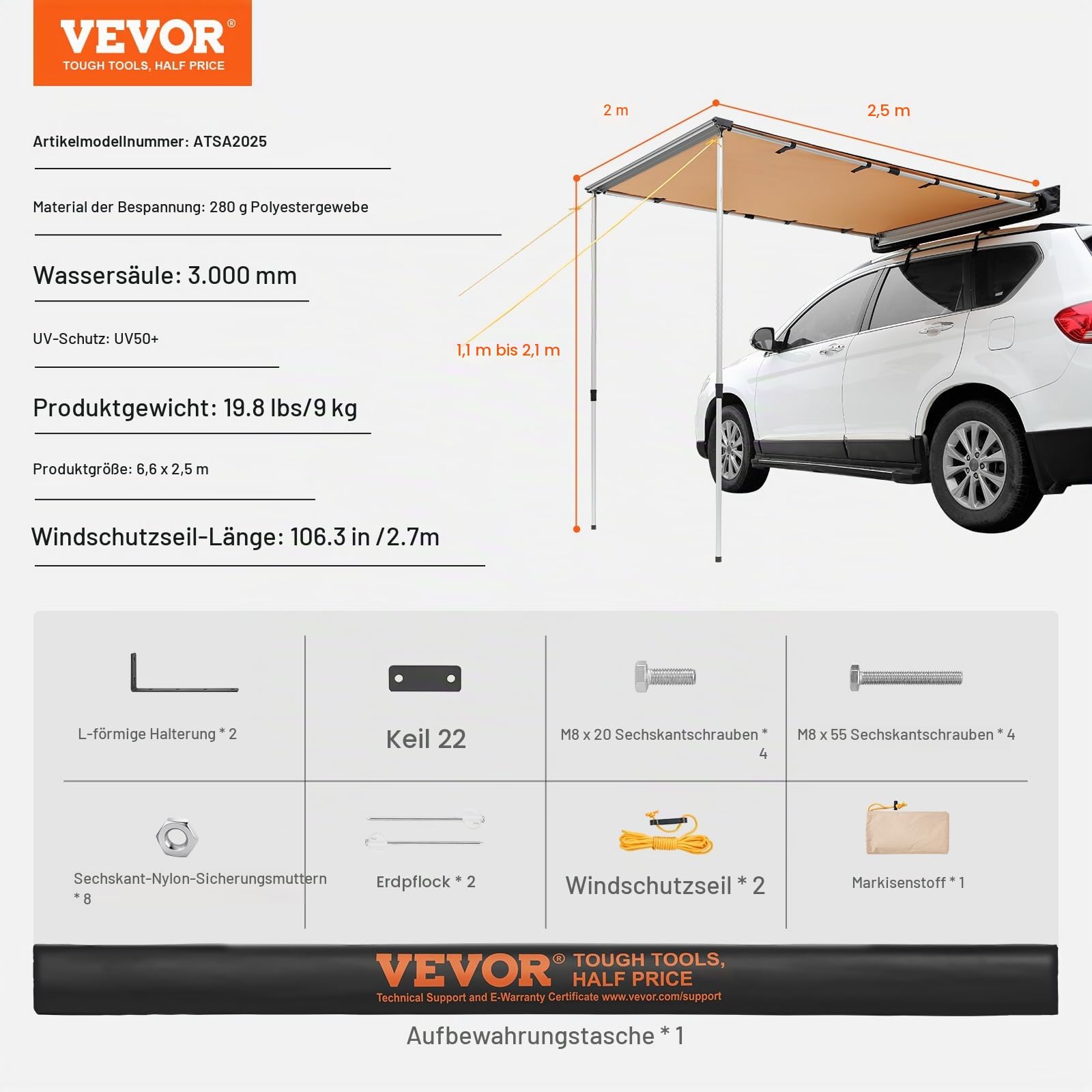VEVOR Sonnensegel Wohnwagen 2x2,5m Sonnenvordach Wohnmobil UV50+ UV-Schutz Markise 280-G Polyester-Gewebe Vorzelt PU3000mm Wasserdicht inkl. PVC-Tasche Ideal für Camping Familientreffen Ausflüge