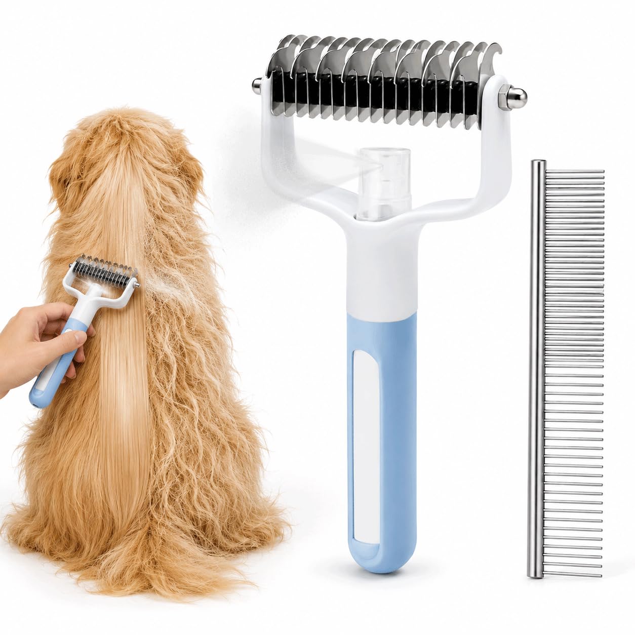 Dual-Sided Pet Dematting Comb with Spray, Professional Dog Grooming Rake & Deshedding Brush Design, Pet Grooming Tool for Cats Dogs, Removes Knots & Tangled Hair for Long Haired Small Large Pets