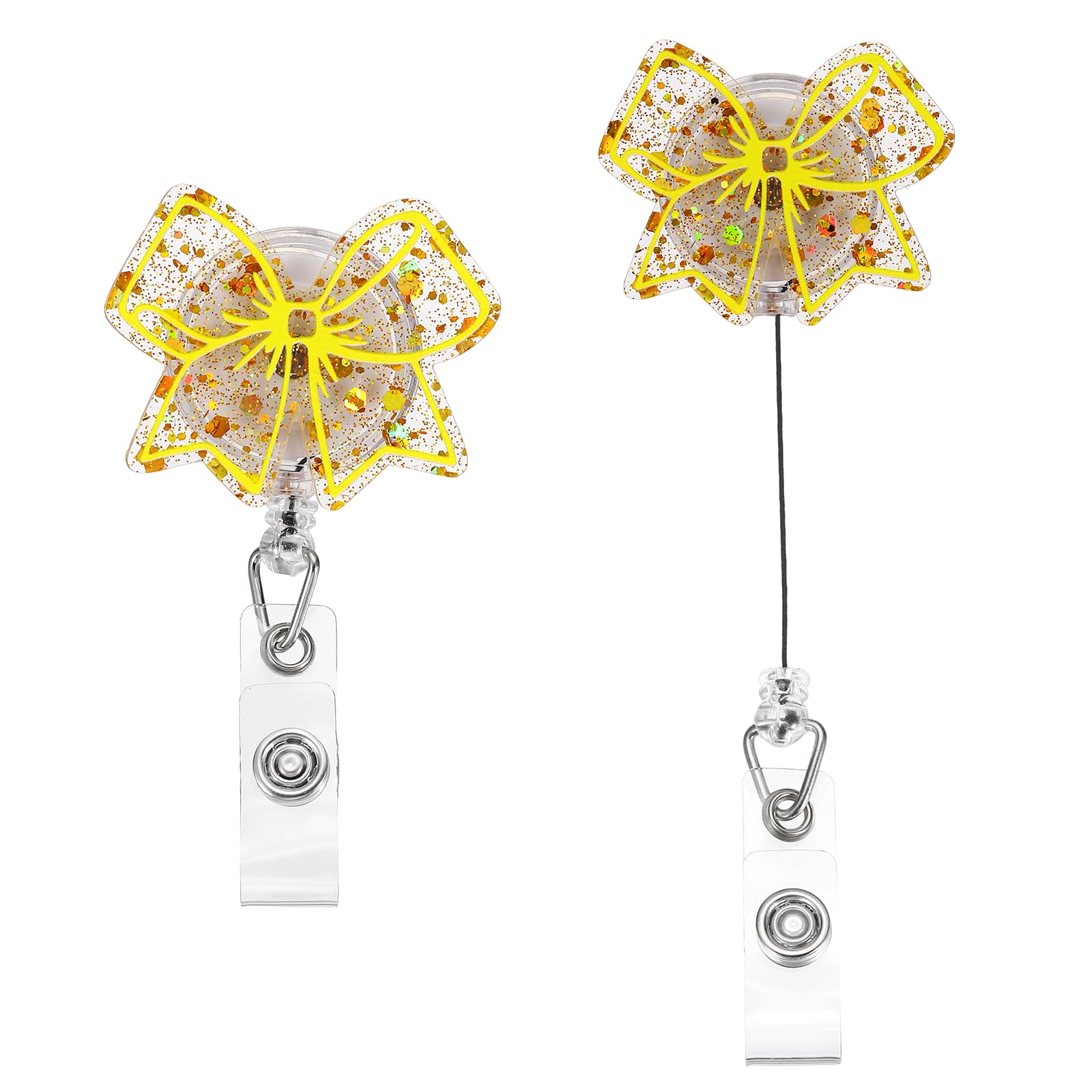 PATIKIL Bow Badge Reel, 2 Pcs Acrylic Bow Badge Holder 1.93"x1.57" ID Name Holder Reels Accessories with Retractable Cord & Alligator Clip for Office Worker Teacher, Gold