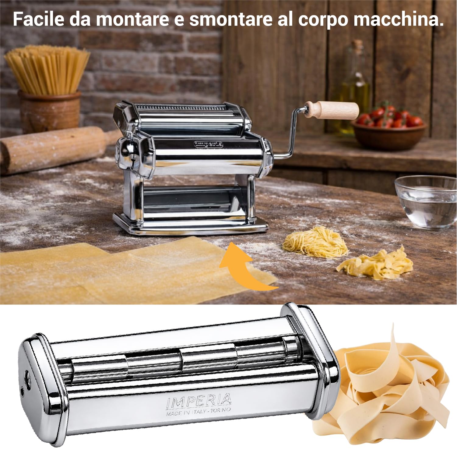 Crisalide® - Máquina para pasta Imperia, máquina clásica, fabricada en Italia, máquina para pasta fresca de acero. Manual con manivela, ajustable 6 grosores, acero cromado (Simplex Pappardelle)