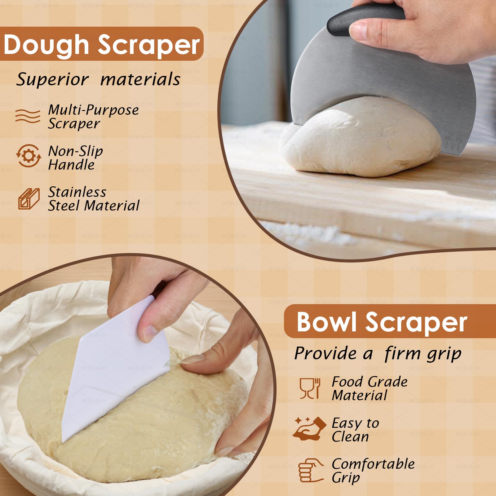 Set di 2 cestini per la lievitazione del pane Soudough Banneton, set di 2 cestini rotondi da 22,9 cm e 10 bastoncini ovali, kit per principianti con lievito naturale da 963,9 g, raschietto per impasto