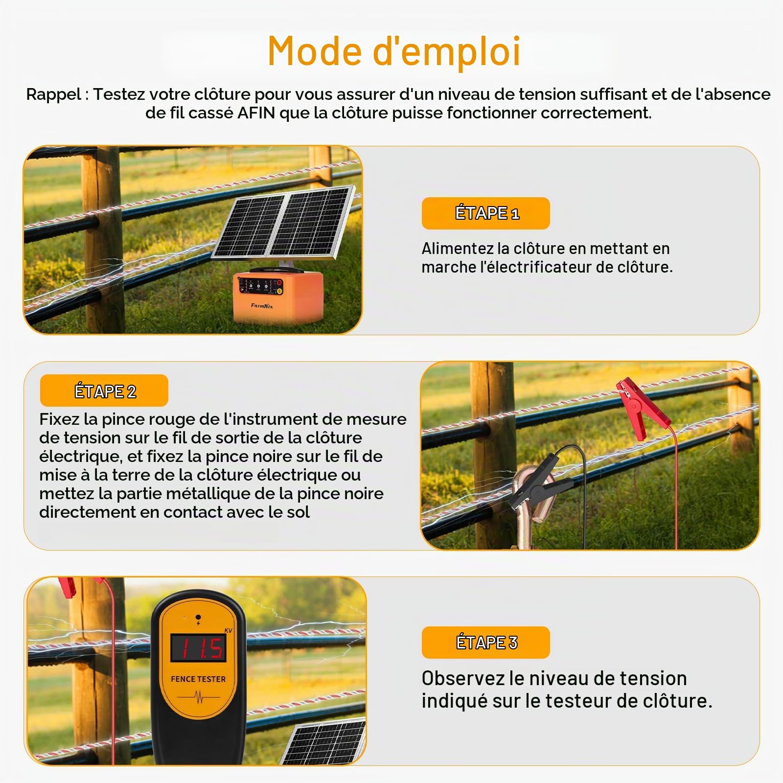 Testeur de tension clôture électrique digital, 13KV 500-13000V, détecteur de défauts, testeur de clôture électrique à pince de poche pour test de tension de clôture électrique de ferme