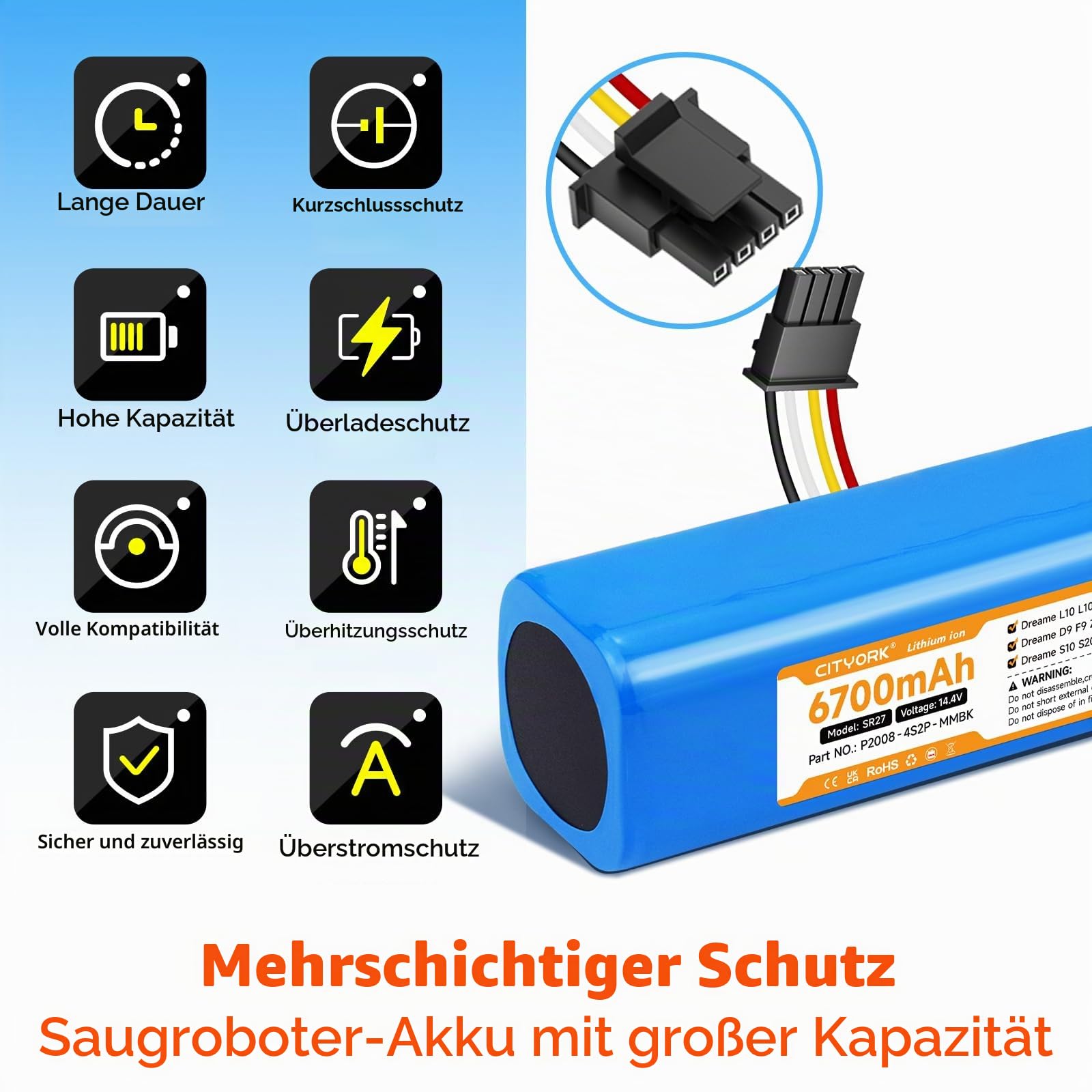 CITYORK 6700mAh Ersatz Akku für Dreame L10s Ultra L10 D10 D10s Z10 Pro/Ultra/Plus, für Dreame D9 F9 Max/Pro, für Xiaomi Robot Vacuum X20+ X10+ Plus/Pro/Max P2008-4S2P-MMBK, für Mijia Roborock S50 S51