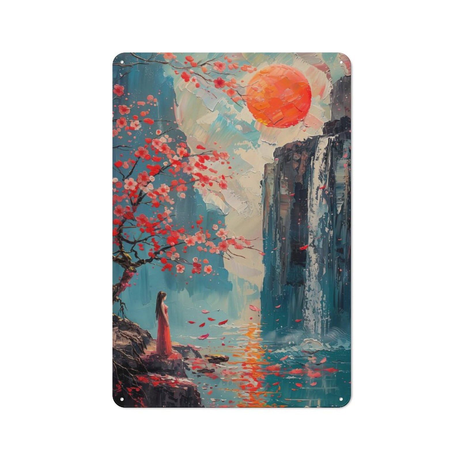 Junmoney Lady Of Waterfall Painting 30X20cm Retro-Style Tin Sign With For Café Or Home Bar, For Metal Sign Collectors, For Garage And Workshop Walls