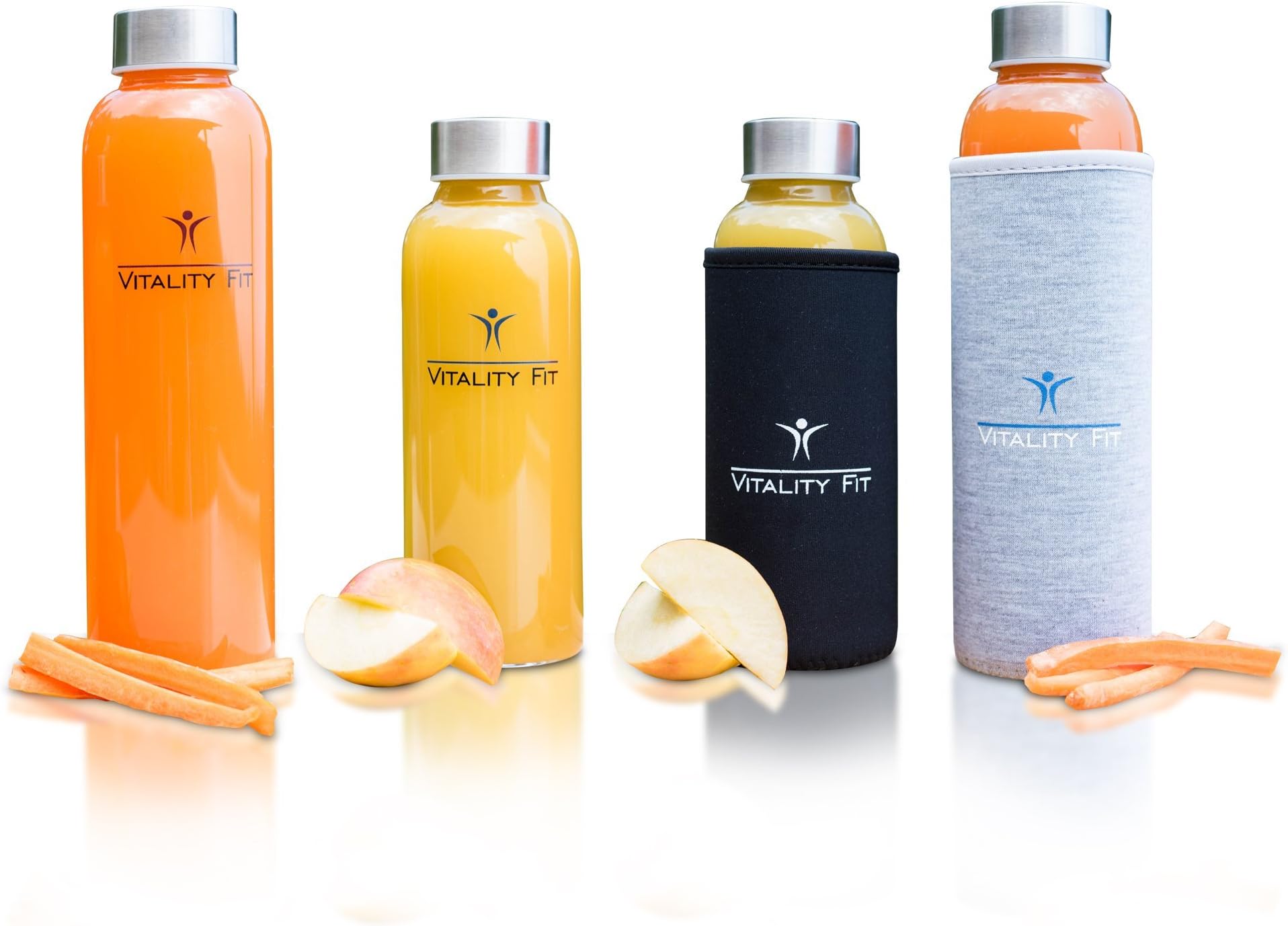 Reusable Glass Water Bottle - Free Colourful Nylon Sleeve & Bottle Brush - Perfect for Juicing, Essential Oils, Camping, Gym, The Office and Everyday use - 14.2 Oz (Black)