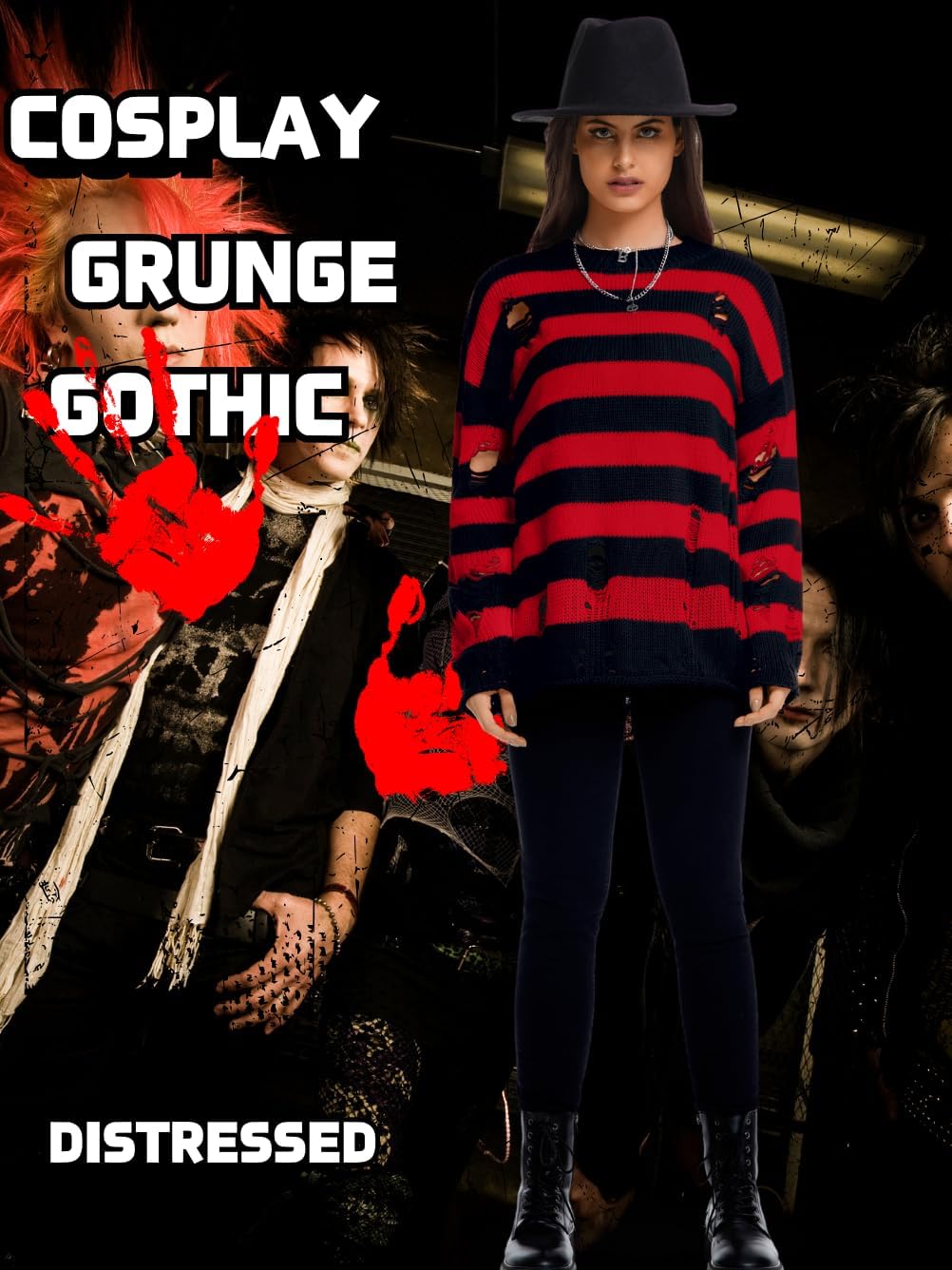 Women's Goth Ripped Sweaters, Oversized Long Sleeve Crewneck Striped Knit Pullover Sweater for Halloween - Image 5