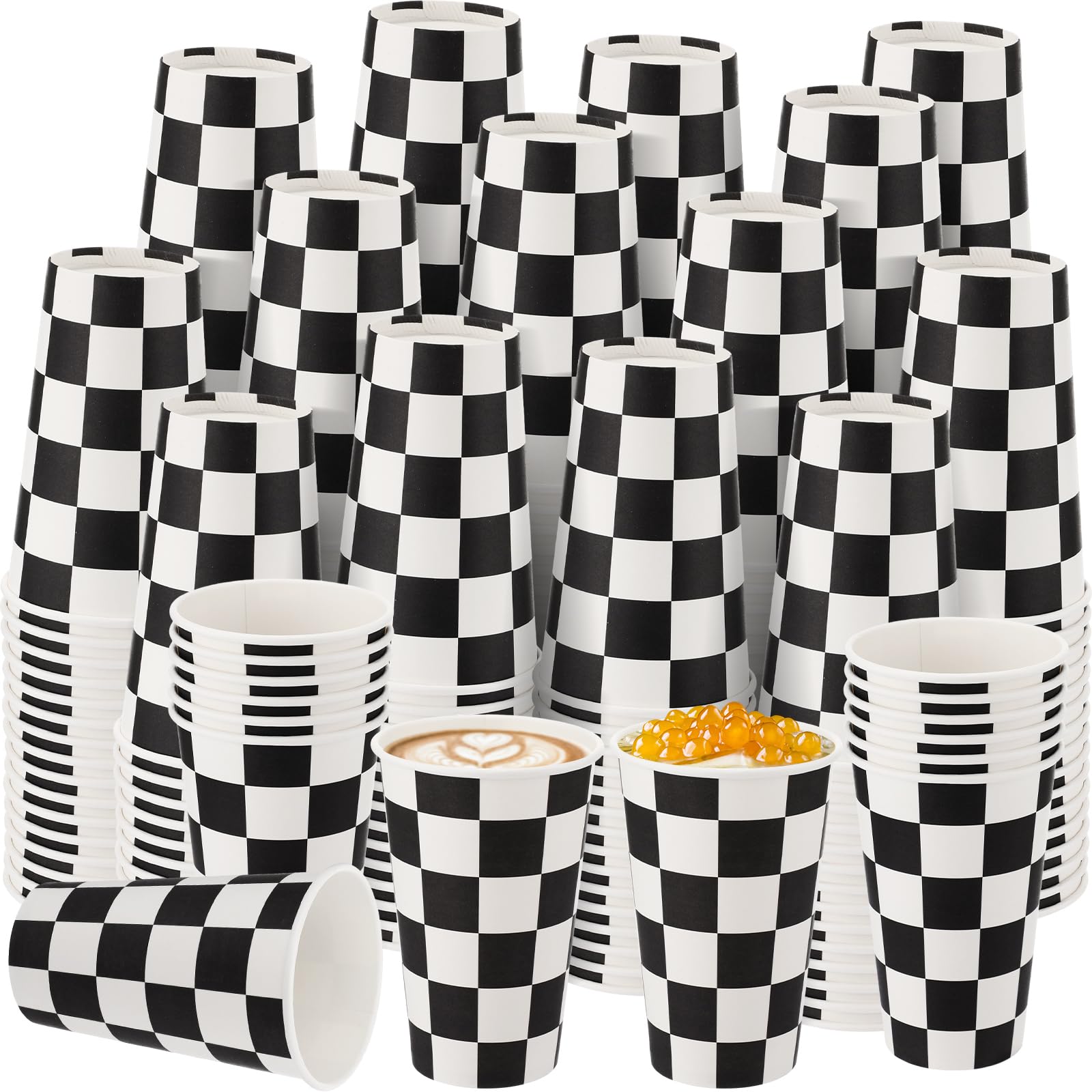 Layhit 100 bicchieri usa e getta da 473,6 ml, in carta a scacchi bianchi e neri, per bevande calde e fredde, cioccolato, tè, cacao, per casa, viaggi, ufficio, bar, ristorante, feste
