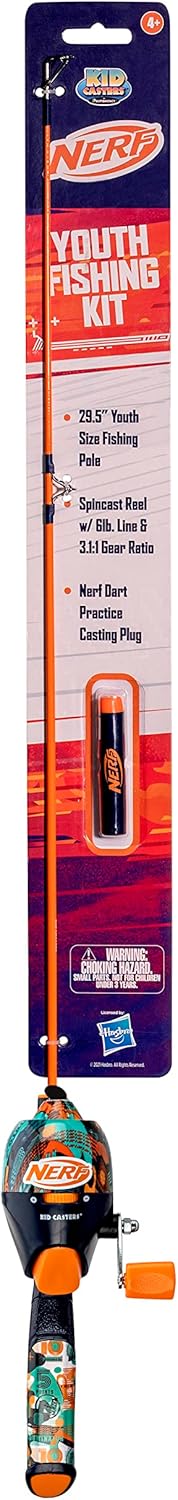 Kid Casters: Nerf Youth Fishing Kit | Spincast Reel & Practice Casting Plug | Small & Easy to Use (Pre-spooled with a 6-Pound Fishing line), 29.5 Inches Long