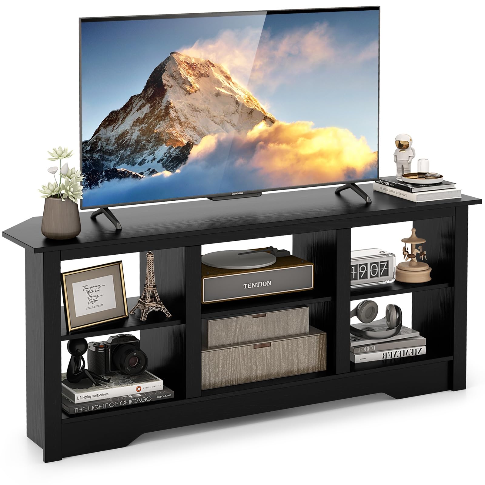 Tangkula Farmhouse TV Stand for TVs up to 65 Inch, Media Entertainment Center w/6 Storage Shelves for Living Room, TV Console Table w/Removable Shelf for 18 inch Fireplace(Not Included) (Black, 58