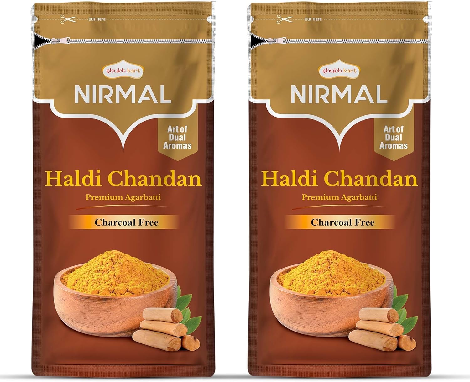 Shubhkart Nirmal Haldi Chandan Premium Zipper Agarbatti Sticks 150Gm | Charcoal Free | Dual Fragrance Incense Sticks for Promote Mental Clarity, Induce Relaxation, Reduce Anxiety & Pooja (Pack of 2)