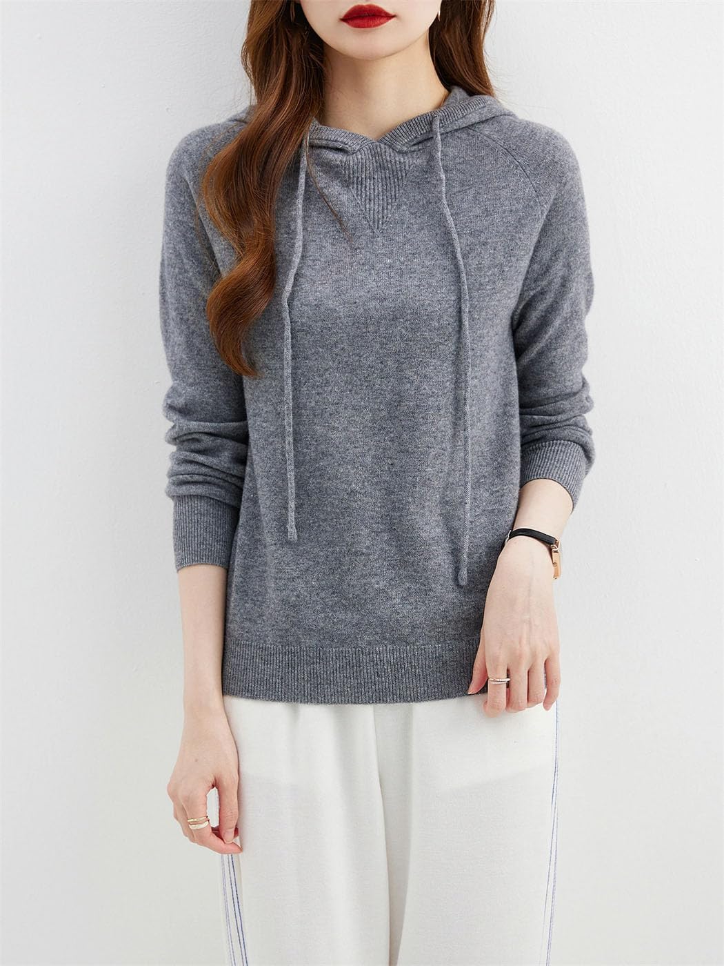 Women's Long Sleeve Knit Pullover Sweater 100% Merino Wool Drawstring Hoodies Fall Winter Warm Sweatshirt