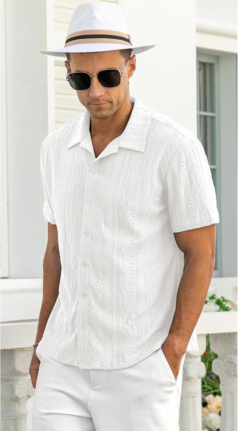 NITAGUT Men's Short Sleeve Shirts Casual Button Down Shirts Vacation Beach Summer Hollow Out Tops - Image 5