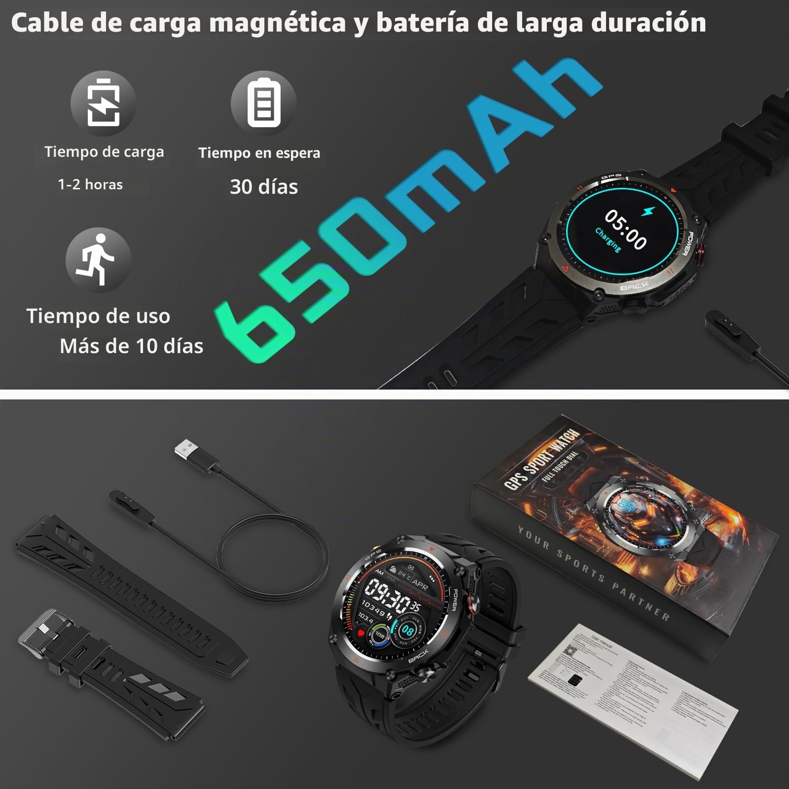 Reloj inteligente militar con GPS, presión/altitud/brújula, reloj inteligente resistente para hombres con batería extra grande de 650 mAh, contestar/hacer llamadas, más de 100 modos deportivos