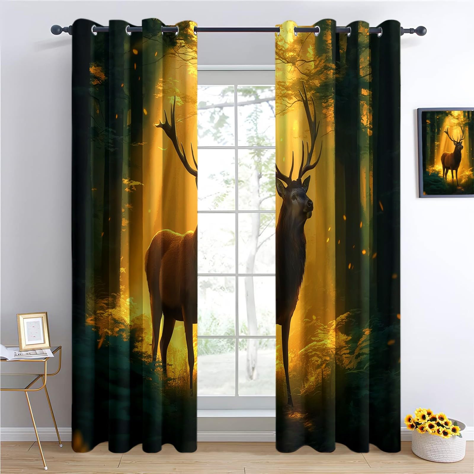 Zestaw 2 termicznych zasłon zaciemniających z poliestru, z oczkami, 280 x 245 cm, złote światło, dźwiękoszczelne, do salonu, sypialni, pokoju dziecięcego, magiczny las