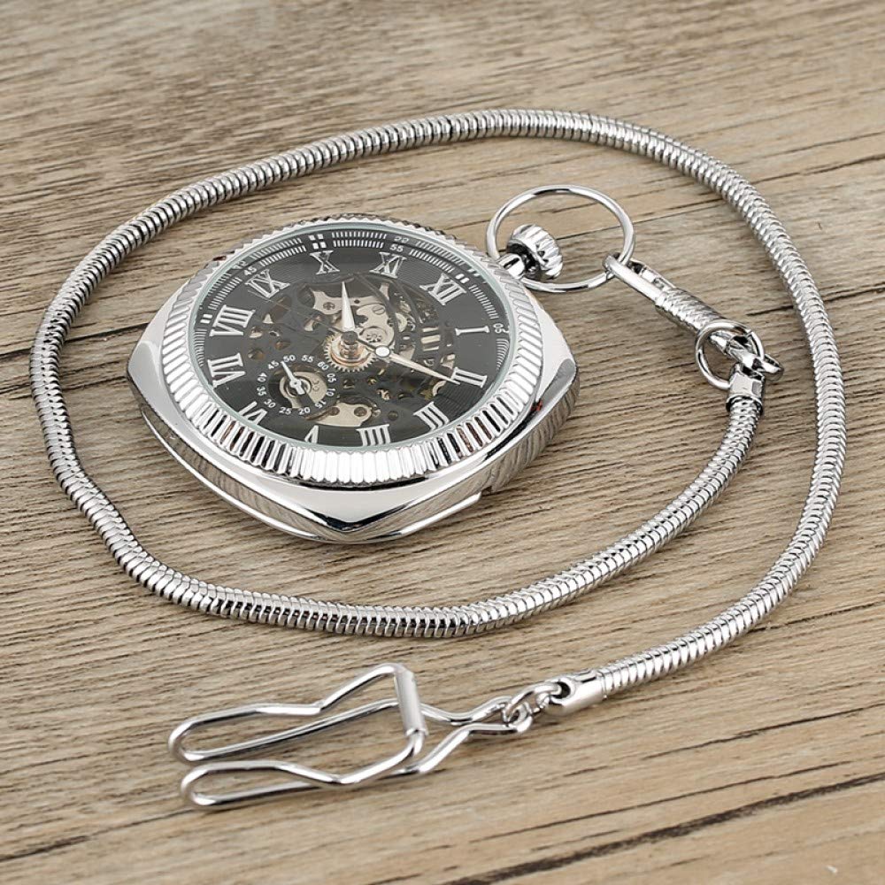 Antike schwarz/Silber/goldene mechanische Taschenuhr einzigartige Square 30 cm Schlangenkette Handwickeln Hochstufte Uhr Kunst Sammlerstücke Decoration