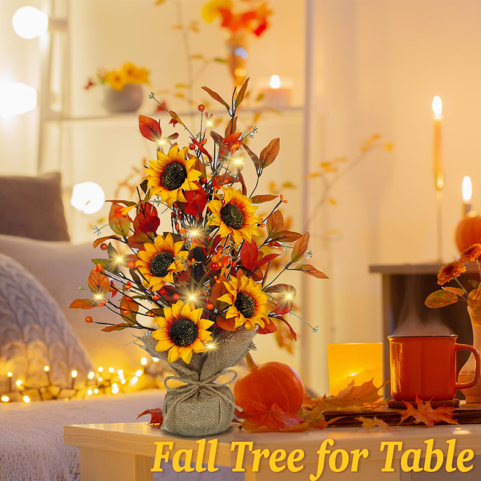 Decorazioni autunnali per casa, ufficio, girasoli illuminati da 50 cm, decorazioni autunnali, centrotavola autunnali per tavolo, mensola, scrivania, decorazione da tavolo del Ringraziamento