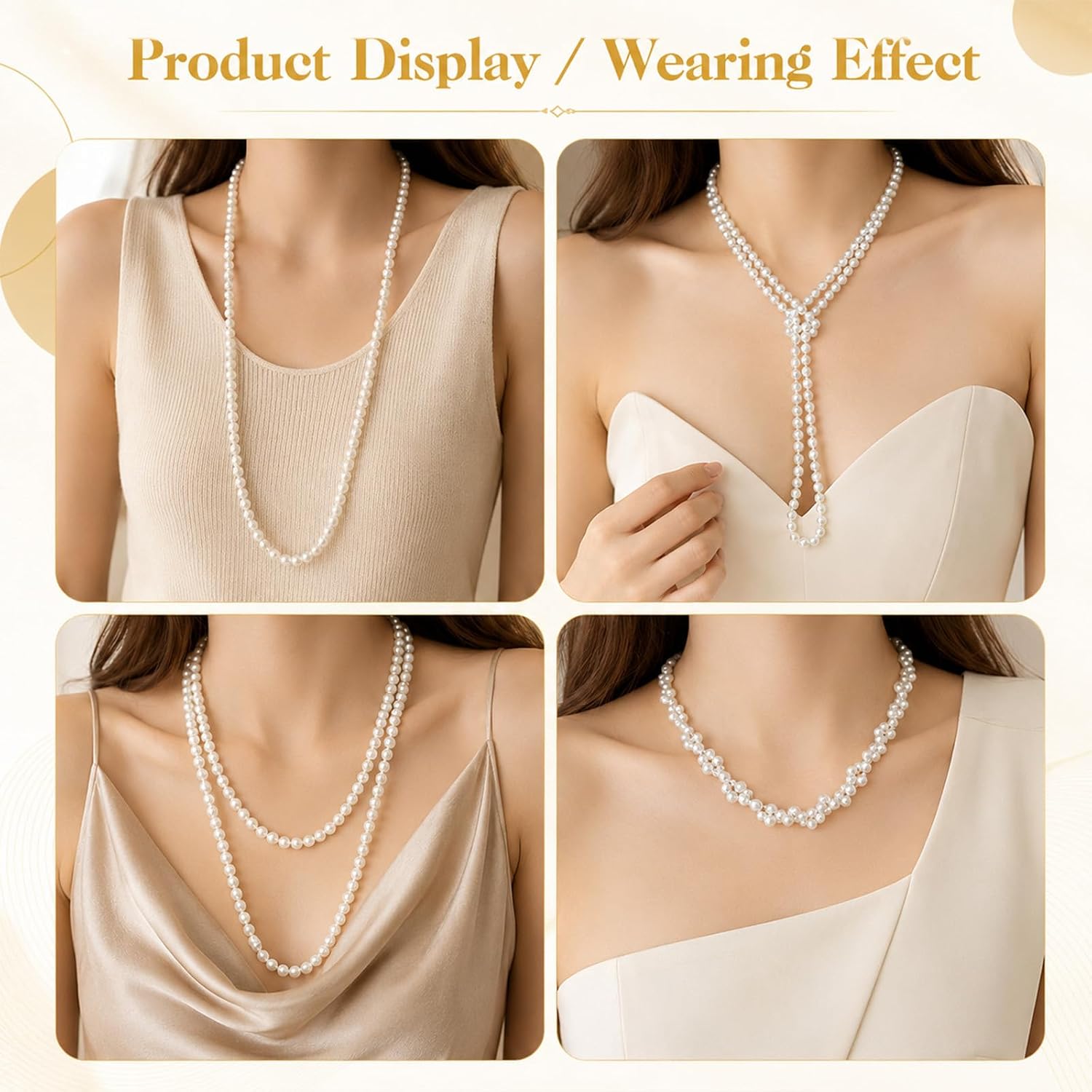 Thinp Long Pearl Necklace, 150cm/50in Faux Pearl Necklaces for Women | 1920s Bead Layered Pearls Necklace, Elegant Long Pearls Strands for Wedding Halloween Costume Party (White)