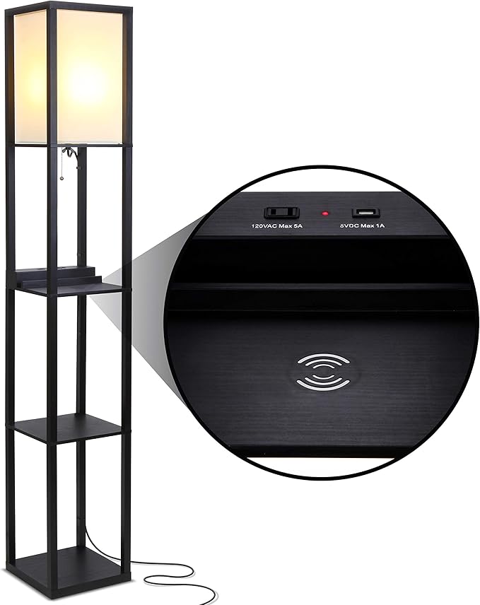 Brightech Brightech Maxwell Shelf Floor Lamp with Wireless Charging Station, USB Port and Outlet - Column Lighting for Bedroom, Office and Living Room - Black