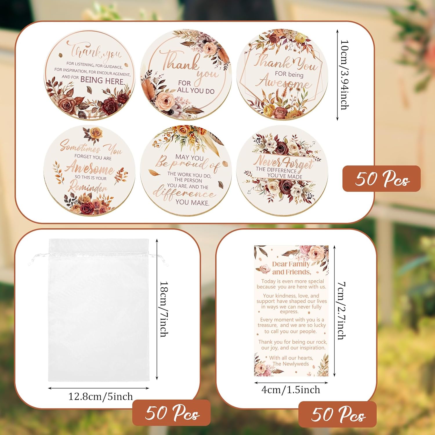 Cinrobiye 50 Set Fall Wedding Guest Favors Bulk Cork Coasters with Thank You Cards and Organza Bags, Autumn Thanksgiving Bridal Shower Souvenirs Rustic Party Appreciation Gifts for Guests