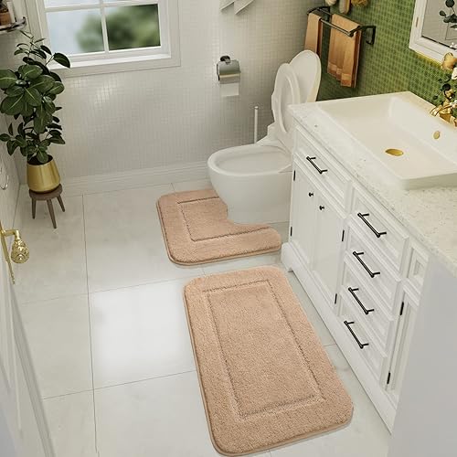 Miniatura 3 de LOCHAS Juego de 2 alfombras de baño suaves, color beige, tapete de baño en forma de U de 20 x 20 pulgadas y 34 x 20 pulgadas, tapetes de secado