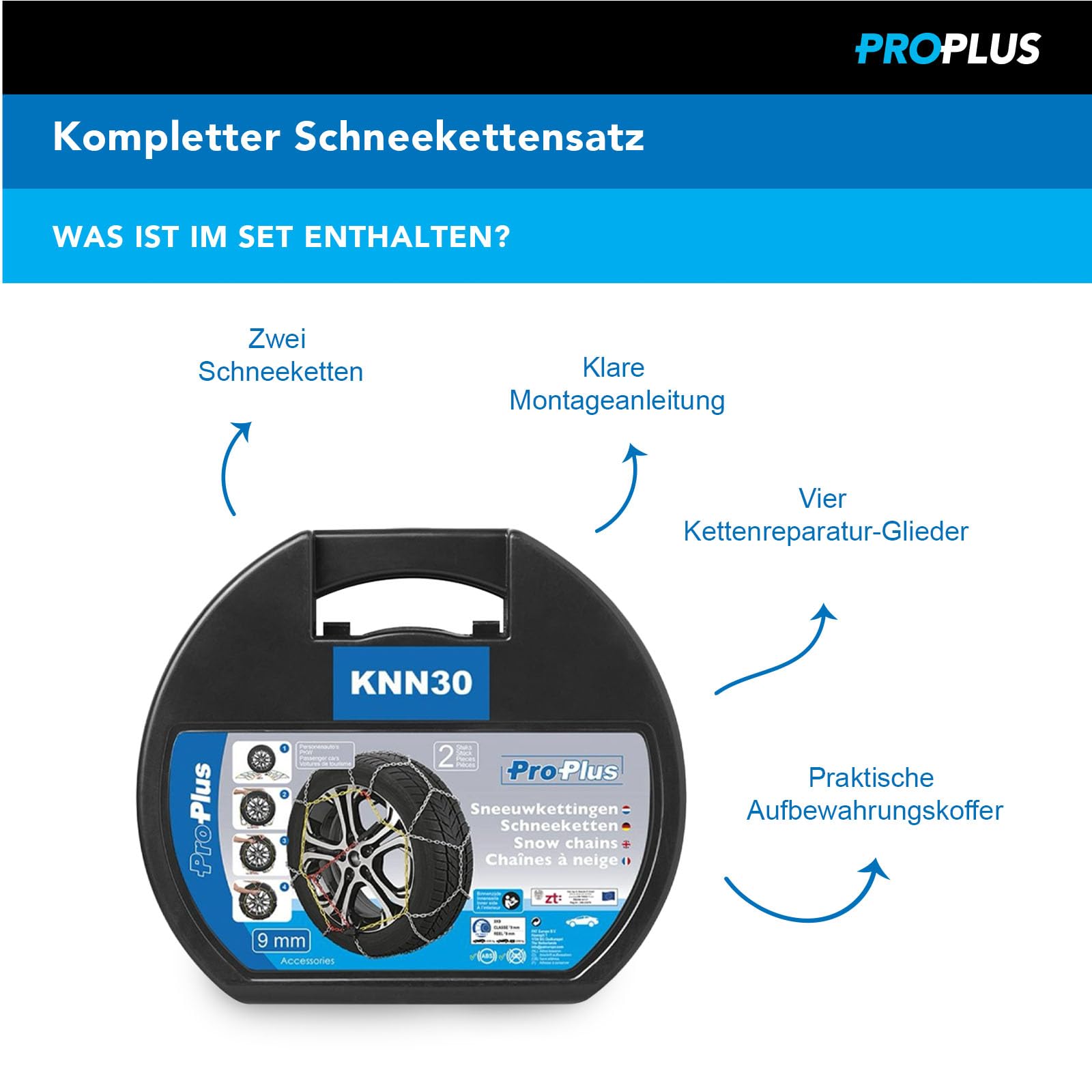 ProPlus Schneeketten KNN30 9mm breite Kettenglieder mit ÖNORM Siegel für verschiedene Reifengrößen inklusive Reparaturglieder und Koffer - Autokette - 2 Stück