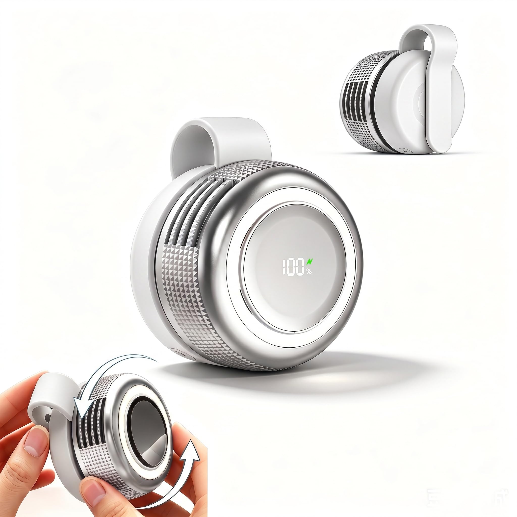 Portable Clip-On Fan with LED Light,Ultralight Mini Fan,5 Speeds Silent Bladeless Neck Fan,360° Rotatable Collar Waist Fans,USB Rechargeable,Hands Free,Power Display,for Outdoor,Travel,Summer,White