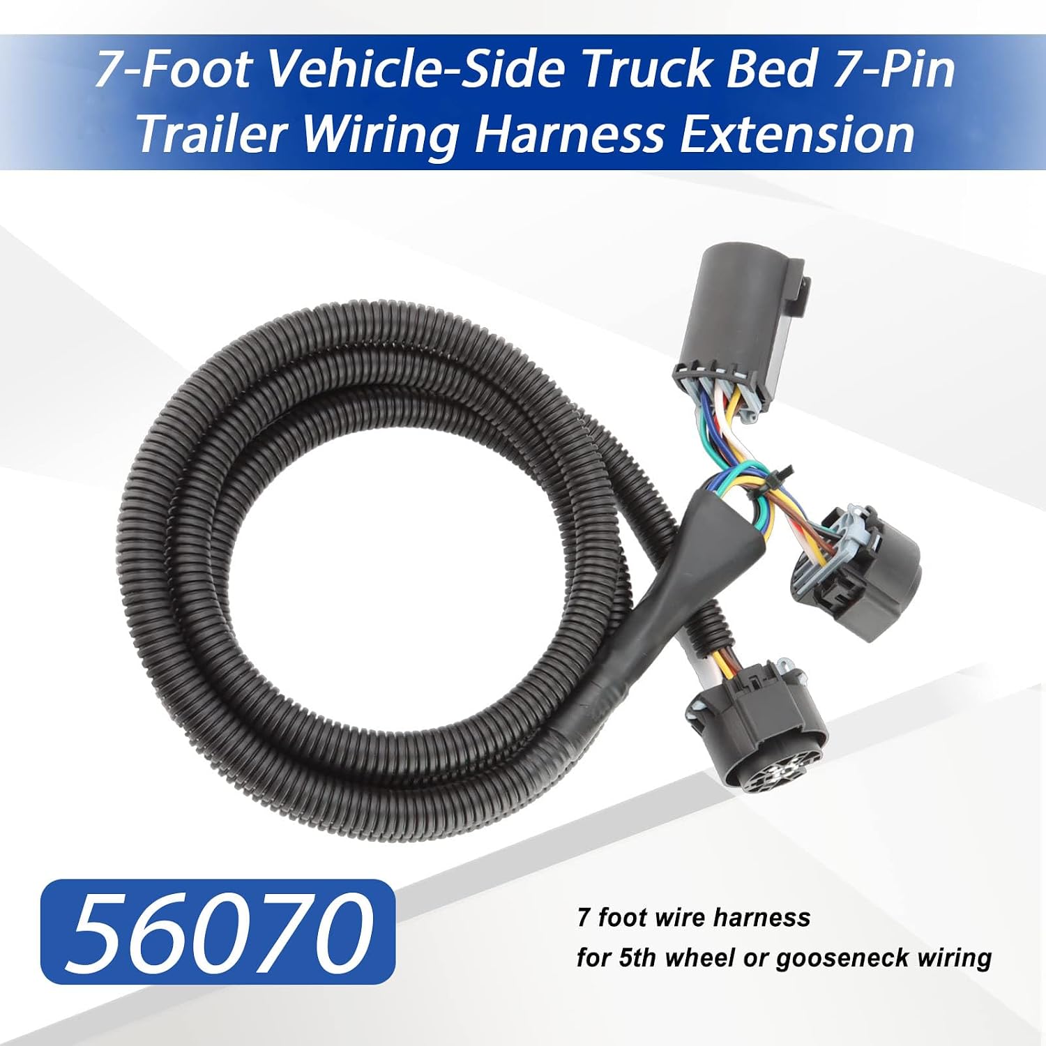 Truck Bed 7-Foot 7-Pin Vehicle-Trailer Side Wiring Plug Adapter Harness Extension with Connector fit for Chevy, Nissan, Dodge, Ford, GMC, Toyota Vehicles - Silverado Ram, Sierra, Tundra # 56070
