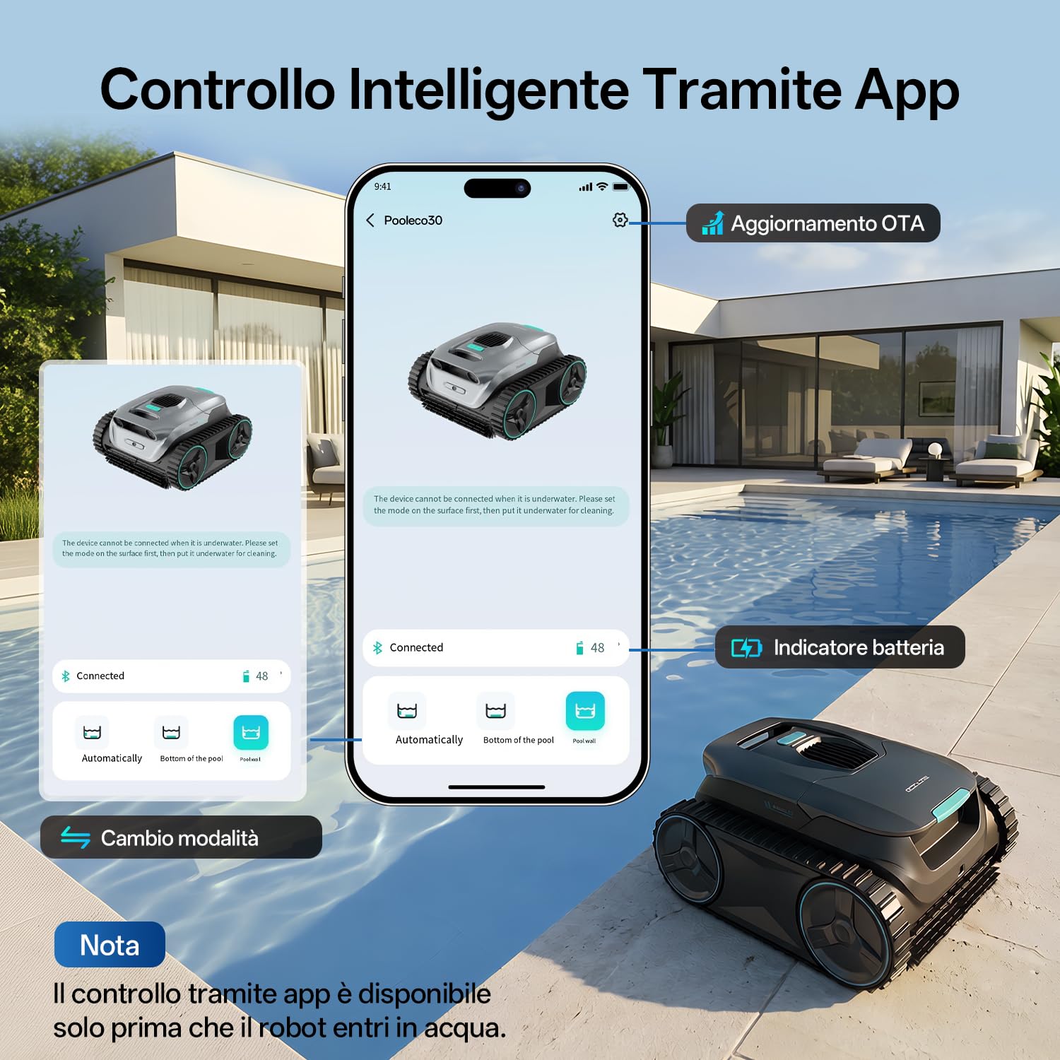 Ultenic Robot Piscina Pareti e Fondo, Linea d'Acqua, Navigazione Intelligente, Robot Piscina Senza Fili, 180Min, Filtrazione Ultrafine, Aspirapolvere per Piscina con App e Aggiornamenti OTA