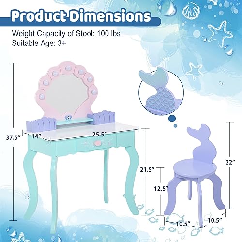 Miniatura 15 de Juego de tocador para niños con espejo iluminado, juego de tocador de maquillaje de princesa y taburete con estante de almacenamiento de joyas y