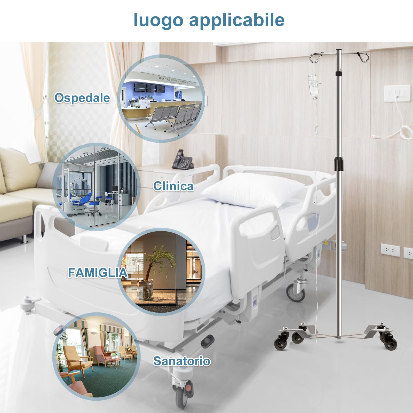 2 Pezzi Aste Portaflebo, Aste Mediche Portaflebo,Asta Per Flebo,Asta Flebo, con 2 Ganci in Acciaio 4 Ruote, 304 Acciaio Inossidabile
