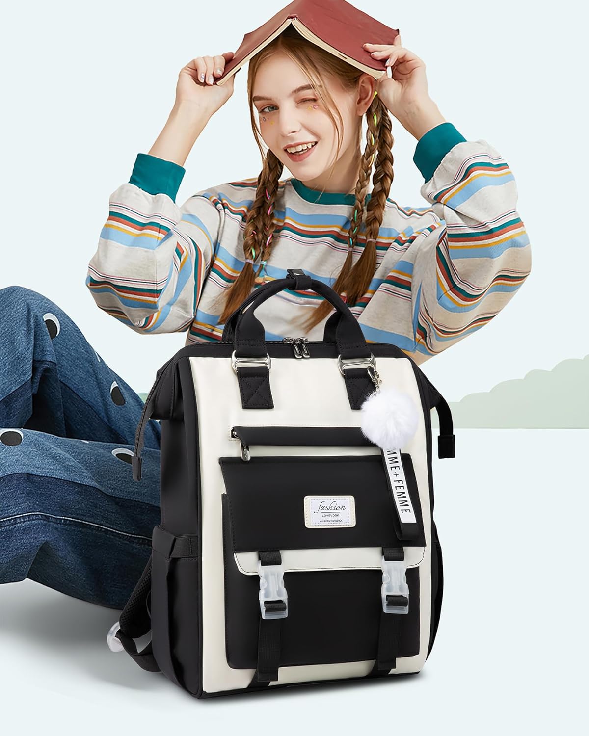 LOVEVOOK School Backpack for Student,15.6 Inch College Backpack, Light Weight Cute Bookbag for Girls, Waterproof Casual Daypack Laptop Backpack fits School Travel Casual（Black&Beige）