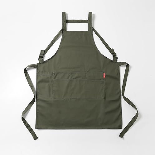 Miniatura 3 de Jeelow Delantal de cocina de algodón o sarga de algodón para hombres y mujeres, ajustable con bolsillos ajustables