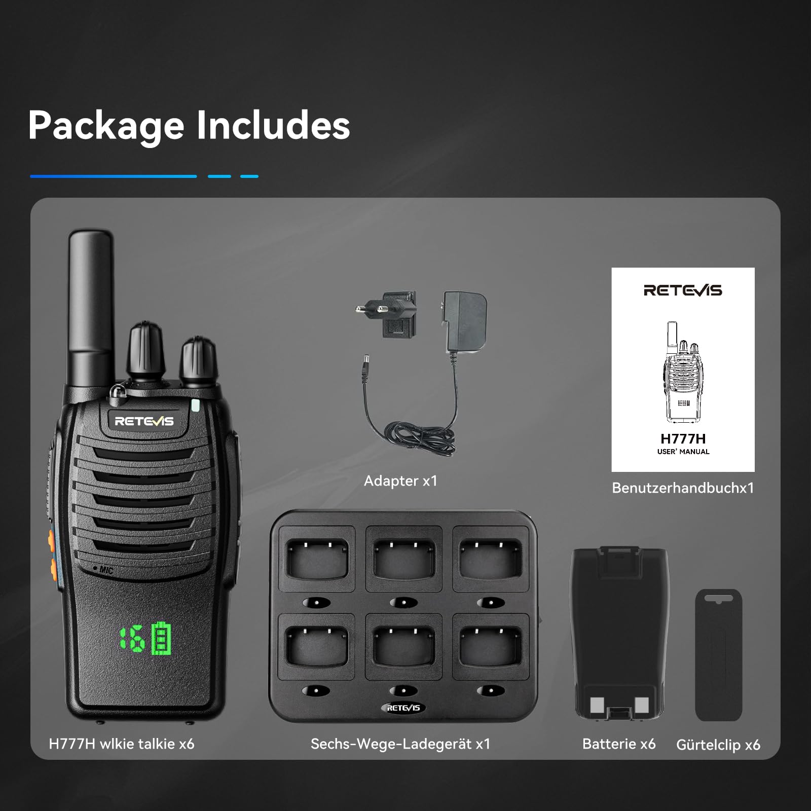 Retevis H777H Talkie Walkie Professionnel Rechargeable avec Écran et Chargeur 6 Emplacements, Noir, 6 Pièces