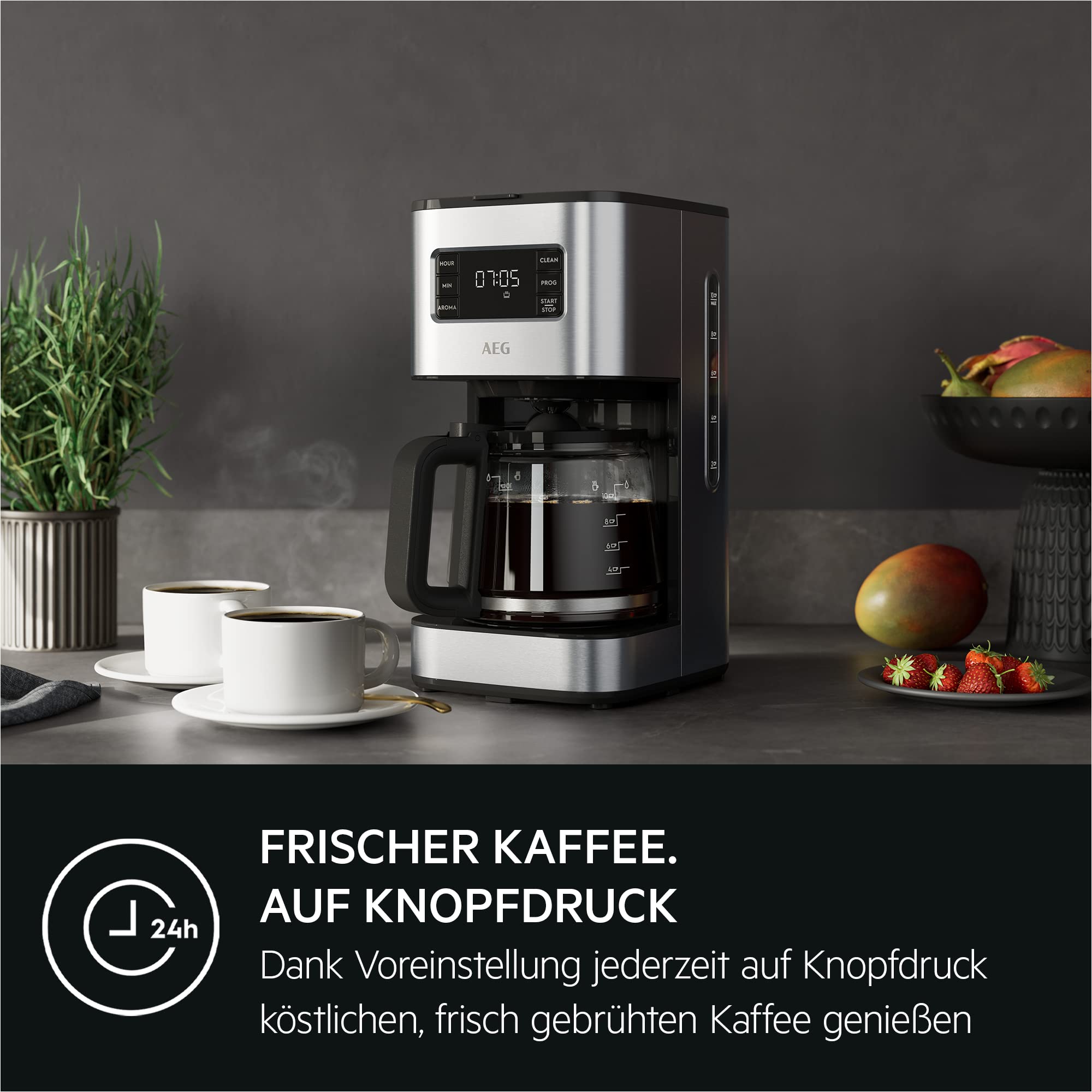 AEG Kaffeemaschine Deli 5, 1,5 l, Programmierbarer Timer, Warmhaltefunktion, Sicherheitsabschaltung, Wasserstandsanzeige, Optimale Mengendosierung, Anti-Tropf-Funktion, Edelstahl, CM5-1-6ST