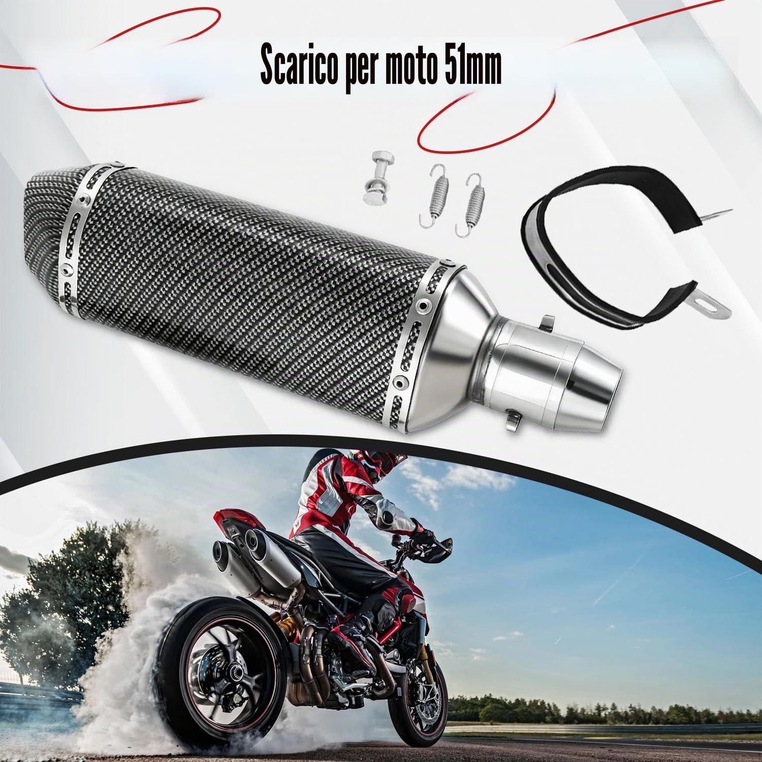 51mm Scarico Moto,Universal 1,5-2 Pollici Di Ingresso Slip On Tubo Di Scarico per Street Bike Moto Scooter