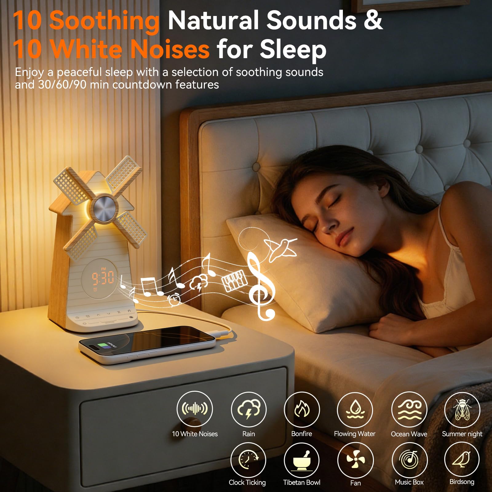 RETEYUNG Nachttischlampe, Wecker mit USB-Ladestation, Rotierender Windmühle Kinderwecker für Mädchen, Tageslichtwecker, 15 Klingeltöne, Snooze, 20 Klänge, Schlafzimmer Deko & Geschenk