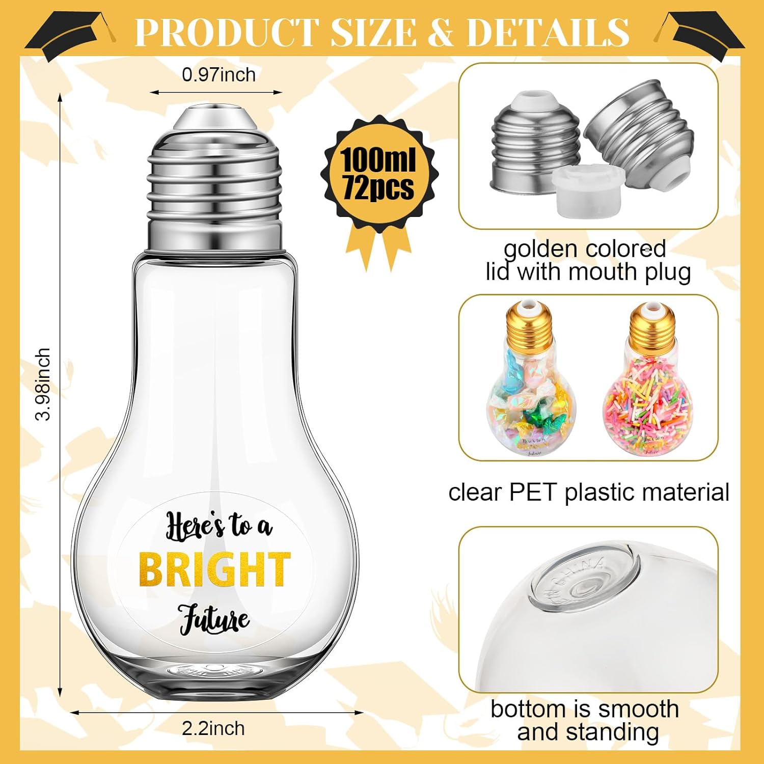 Weysat 144 Pcs/72 Sets Graduation Plastic Light Bulb Jars Set Light Bulb Candy Containers Bulk with Lids and Graduation Stickers Clear Candy Jars Fillable Light Bulb Ornaments for Crafts Grad Party