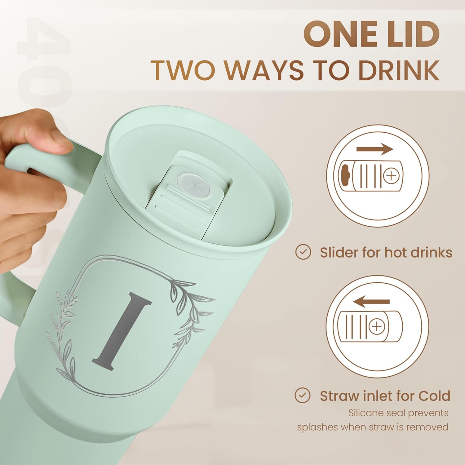 Personalized Monogrammed Tumbler with Handle 40oz, Letter I Tumblers Insulated Coffee Travel Cup, Custom Initial Gift for Women Girls Friends, Monogram Gift for Christmas Birthday Mothers Day - Image 5