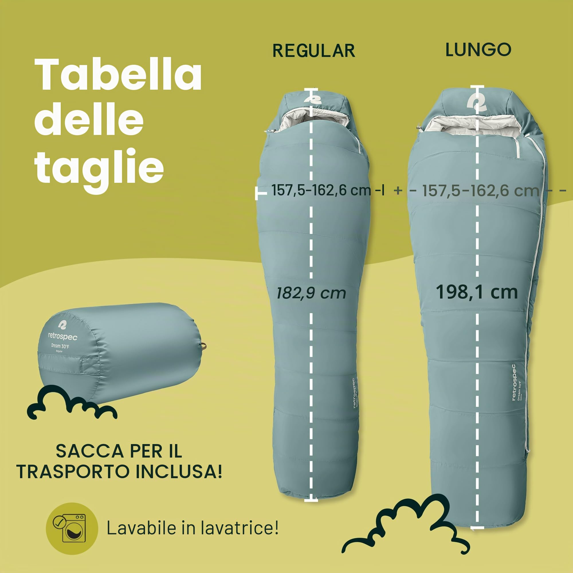 Retrospec Sacco nanna Retrospec Dream 30° 30 gradi sacco a pelo mummia sacco a pelo per campeggio