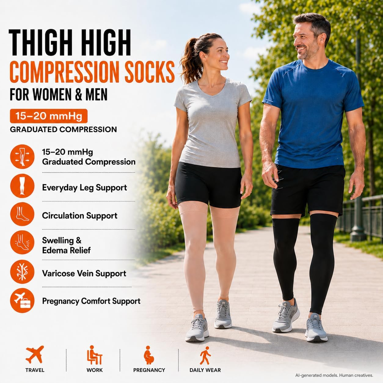 Doc Miller Thigh High Compression Socks for Women & Men, Footless 15-20 mmHg Compression Stockings for Circulation Support, Swelling, Varicose Veins, Travel, Work, Pregnancy & Daily Wear, 1 Pair