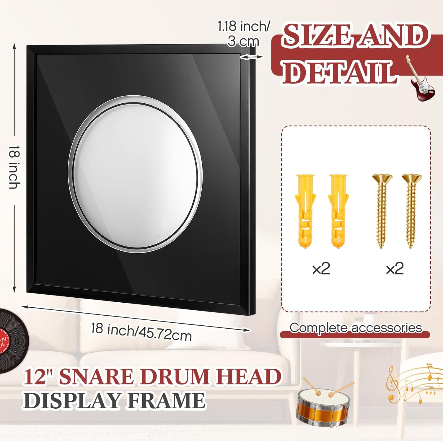 Drum Head Display Frame Wall Mount Wooden Drum Head Display Case Cabinet W/98% UV Acrylic Door Lockable Rack Storage Shadow Box for Collection Musician Collector Memorabilia (12" Drumhead)