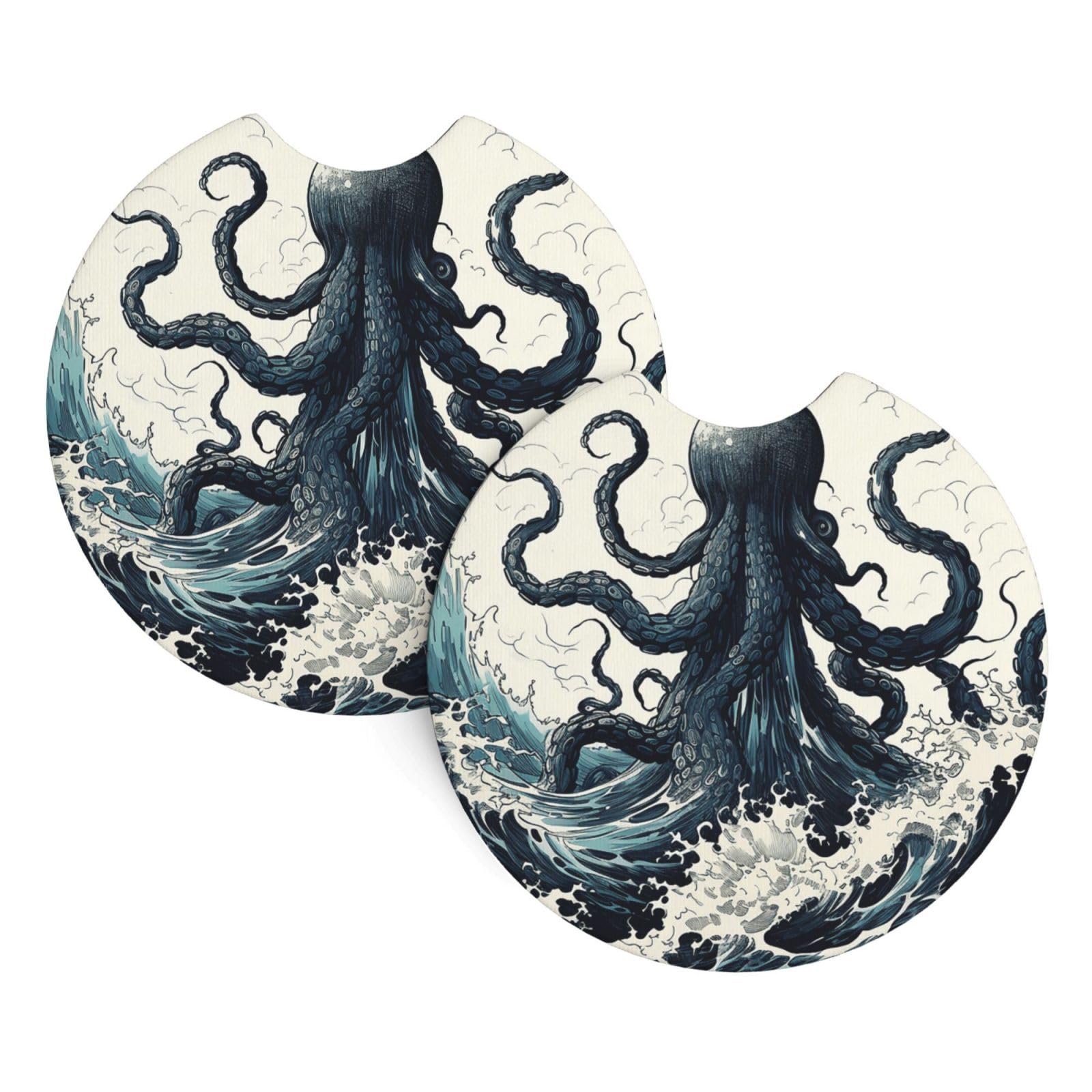 2PCS Car Coaster for Cup Holders Universal Auto Cup Mat Ocean Inspired Sketch Cup Coaster Pad 2.7" Waterproof Neoprene Non-Slip Cup Holder Coasters Car Interior Accessories for Women Men