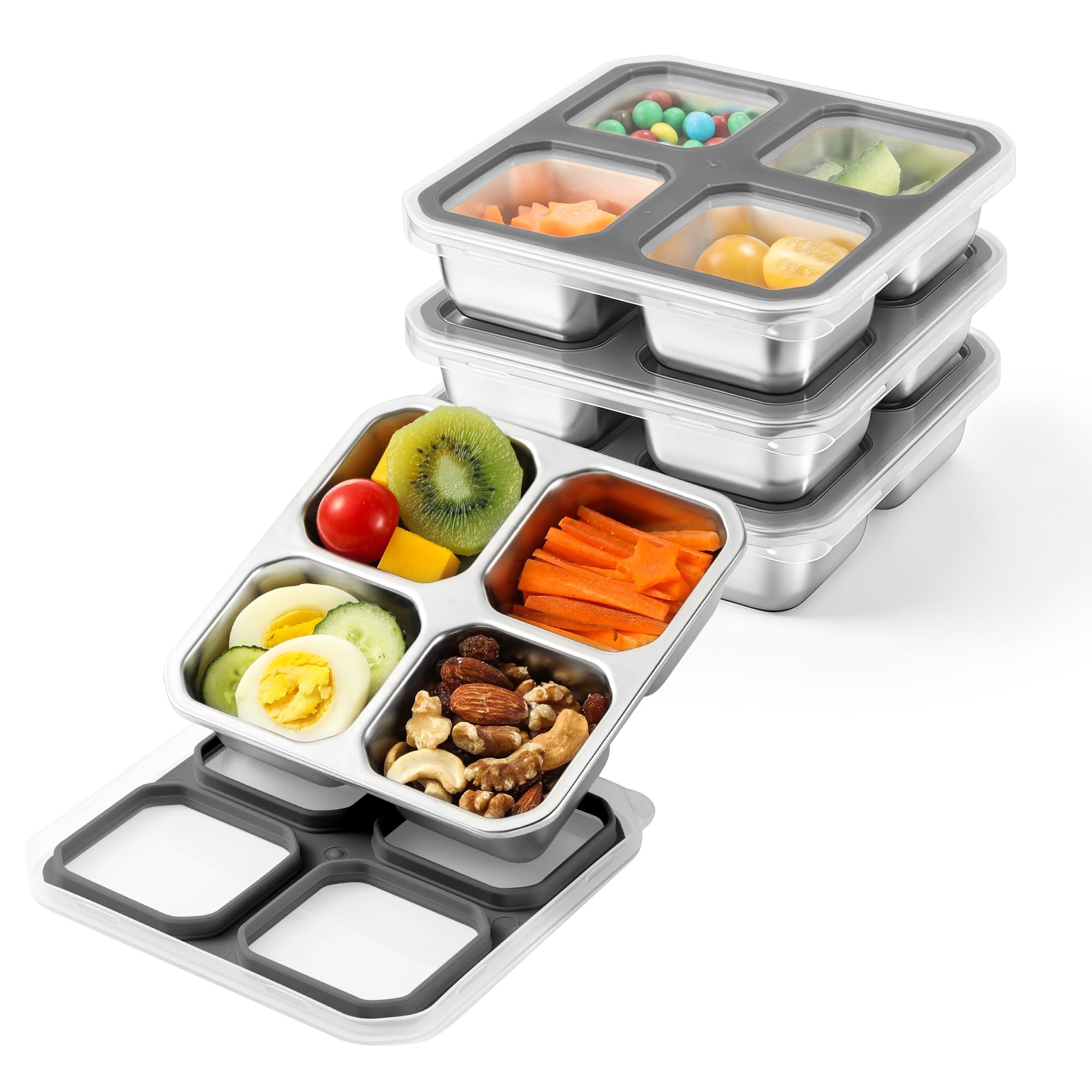Misichao Snackbox mit 4 Fächern Edelstahl, 400ml Snackdose für Kinder & Erwachsene, Wiederverwendbare Lunchbox Bento Box mit Fächern für Schule, Arbeit & Camping