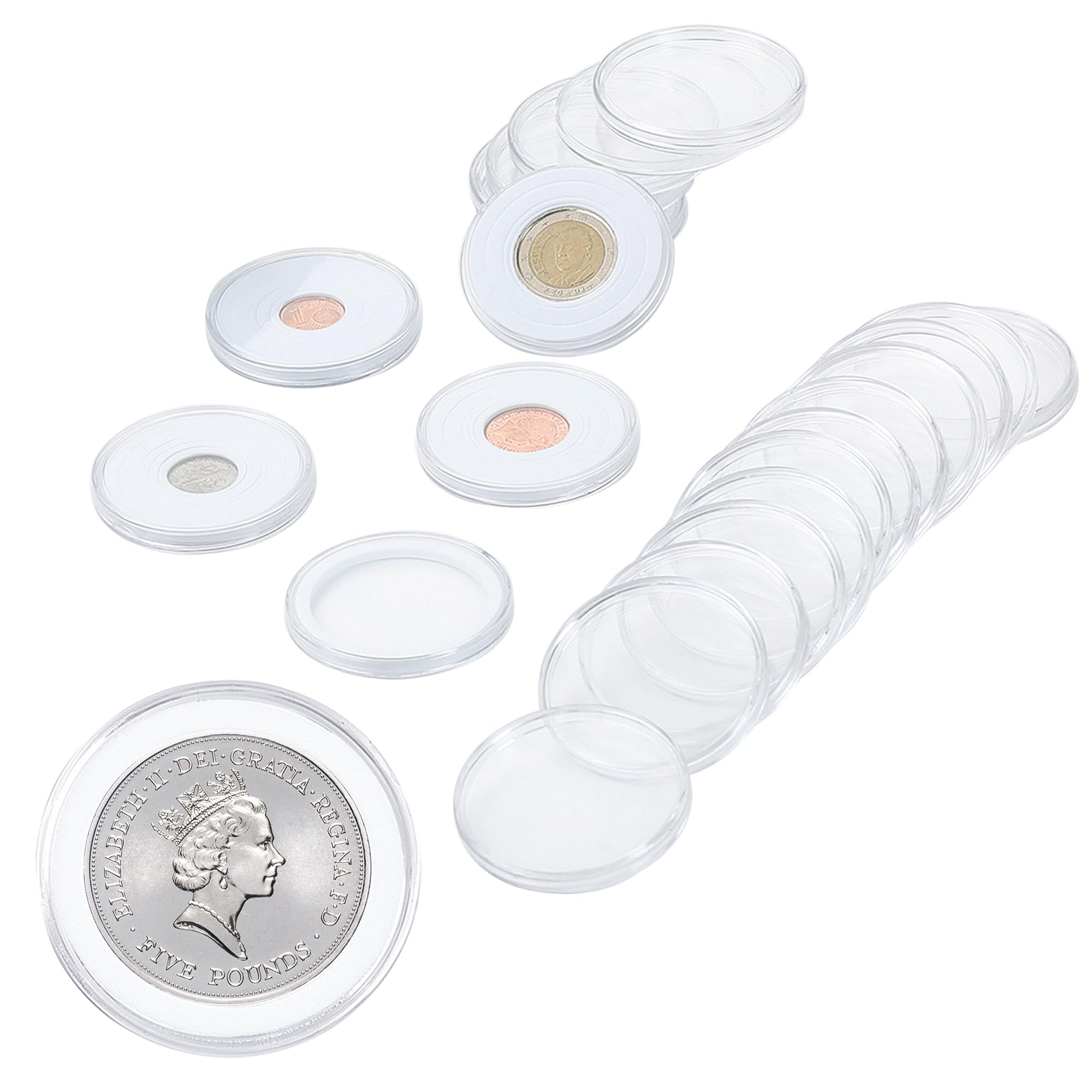 Lot de 20 capsules de monnaie avec joint en mousse réglable pour collection de pièces de monnaie DC03 (coussinets en mousse EVA blancs, [20/25/30/35/40/46 mm