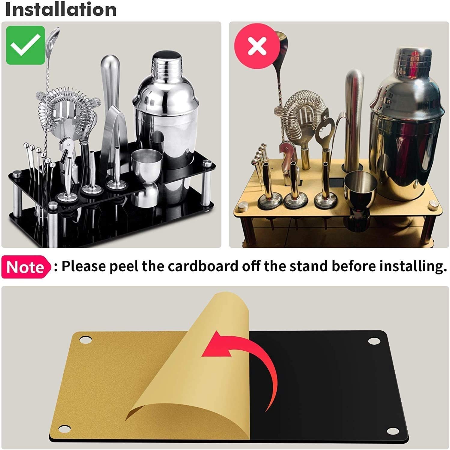 Bartender Kit, Coctelero de 18 piezas Coctelera de cóctel Herramientas de barra de acero inoxidable con soporte, jigger, cuchara, colleros, muddler, colador, pinzas, tapones de la botella, abrel