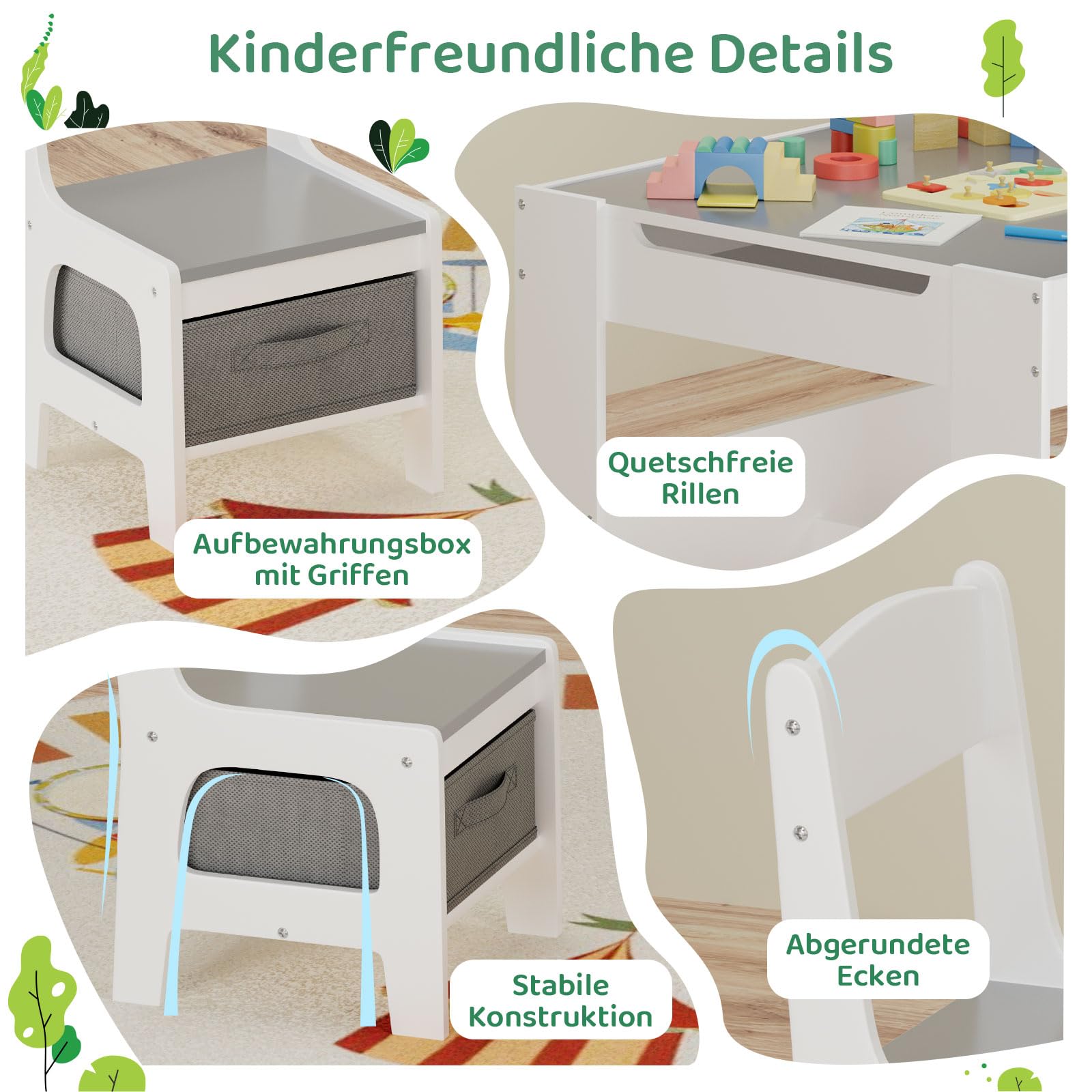 MAMIZO Table pour Enfant avec 2 Chaises, 3 en 1 Ensemble de Table et Chaises, Mobilier Enfant en Bois avec rangements et étagères, avec Plateu Réversible, 3-7 Ans, Salle des Enfants, Gris