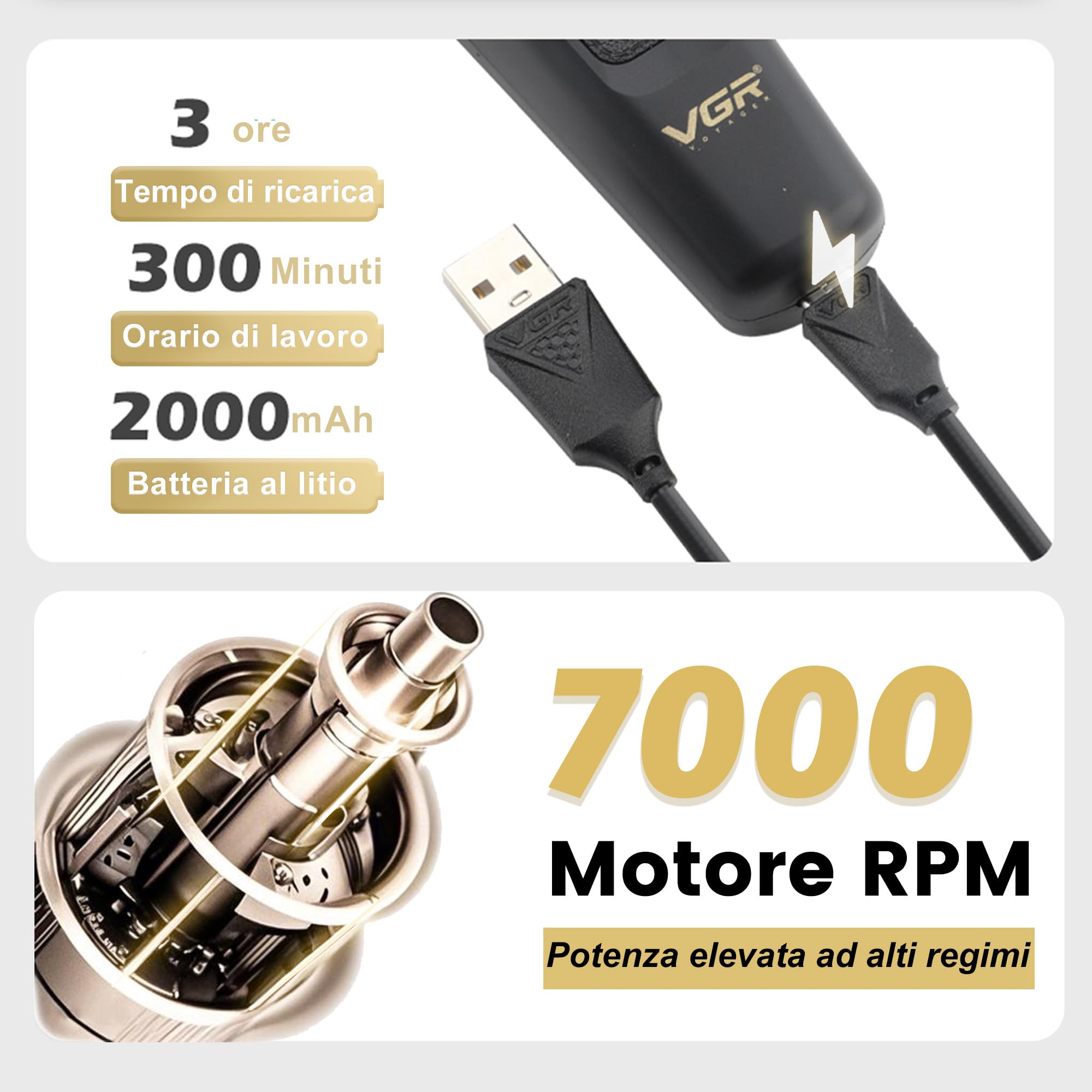 VGR 995 Tagliacapelli Professionale per Uomo, Tondeuse Zero Gap per Barberia, Tondeuse Senza Filo per Barba con 4 Pettini Guida, Tagliacapelli di Precisione, Ricarica USB-C